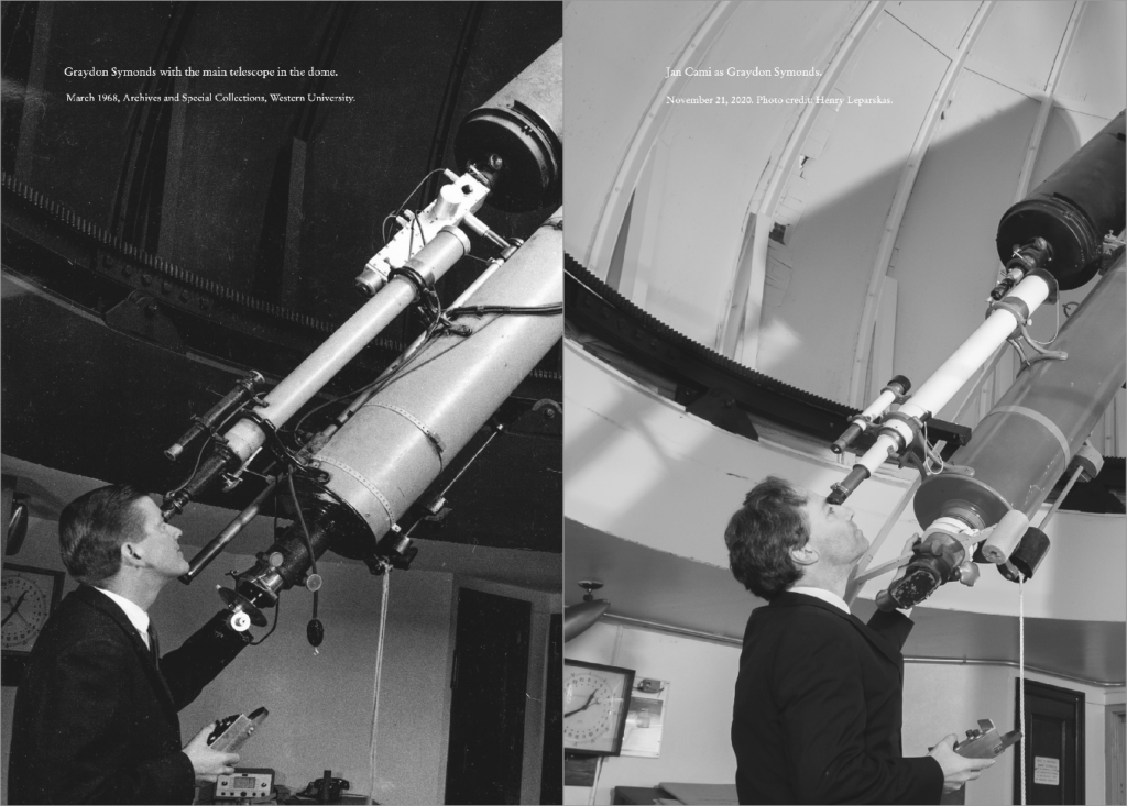 (left) Grayden Symonds with the main telescope in the dome, March 1968. (right) Jan Cami as Graydon Symonds, Nov 21, 2020.