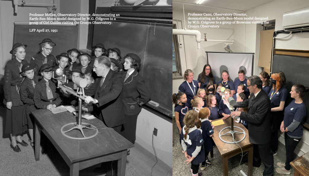 (left) Professor McGee, Observatory Director, demonstrating an Earth-Sun-Moon model designed by W.G. Colgrove to a group of Girl Guides visiting the Cronyn Observatory on April 27. 1951. (right) Professor Cami, Observatory Director, demonstrating an Earth-Sun-Moon model designed by W.G. Colgrove to a group of Brownies visiting the Cronyn Observatory on October 25, 2022.