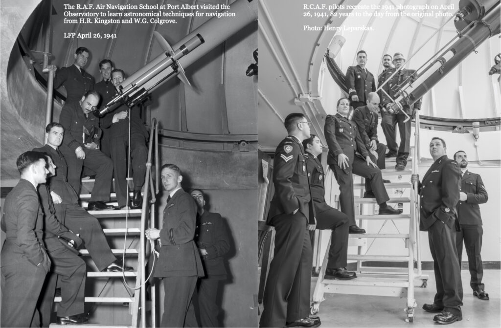 The R.A.F. Air Navigation School at Port Albert visited the Observatory to learn astronomical techniques for navigation from H.R. Kingston and W.G. Colgrove.  LFP April 26, 1941. R.C.A.F. pilots recreate the 1941 photograph on April 26, 1941, 82 years to the day from the original photo. Photo: Henry Leparskas.